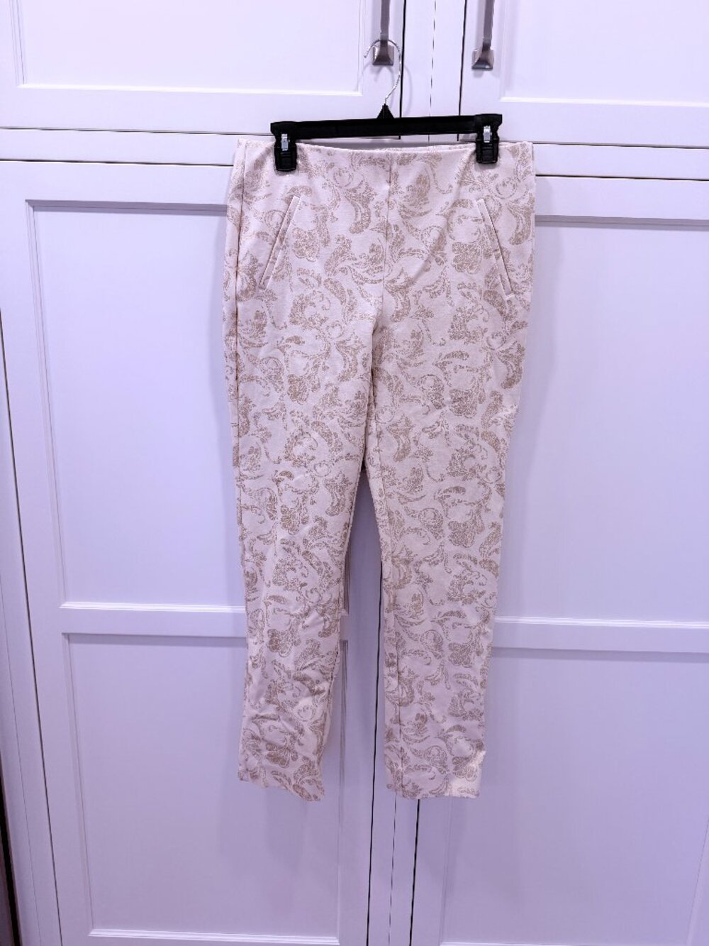 Chico's Juliet Golden Foiled Slim Ankle Pants, size 8 tall, pre-owned